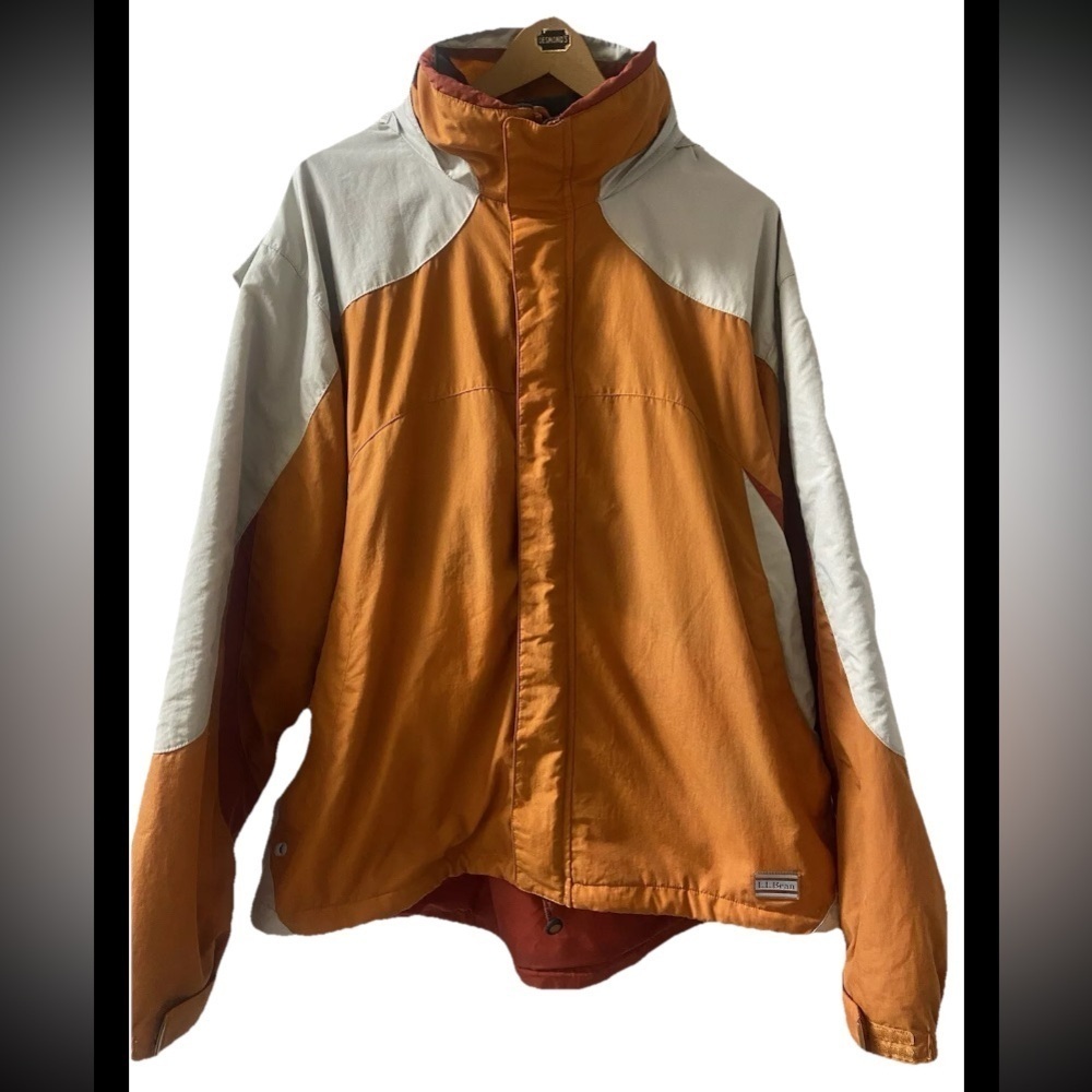 LL Bean Waterproof Ski Jacket Removeable Hood Men's Xl Coat Orange Grey X-large